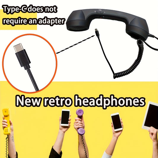 Retro Type-C Telephone Handset for Smartphones - Volume Control & Call Button