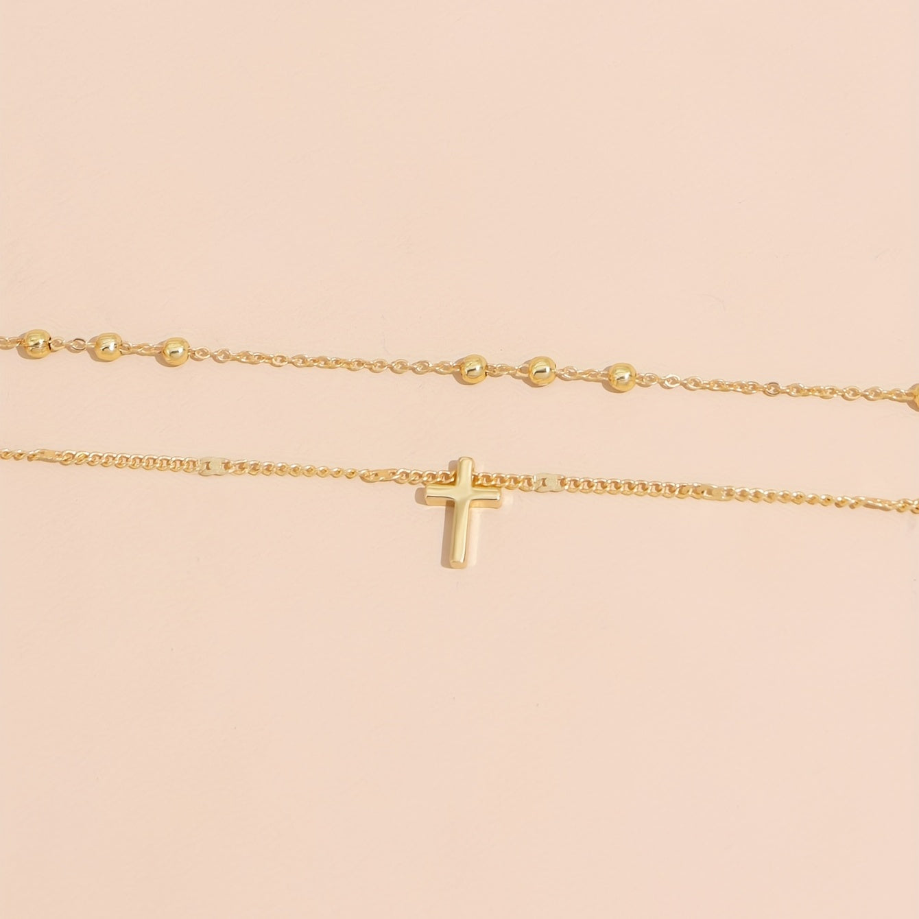 Vintage Cross Pendant Necklace | Double Layered Beads & Clavicle Chain Design | Women's Fashion Jewelry Gift