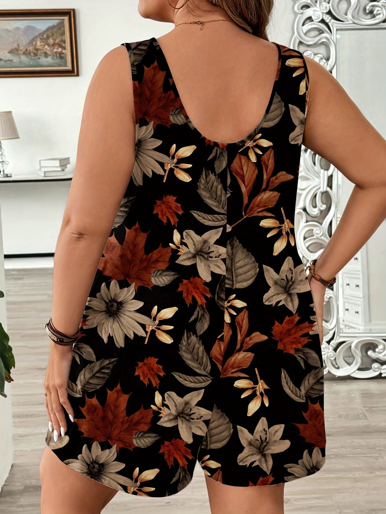 Plus Size, Plus - Size Sleeveless Rompers with Leaf Prints Are Warm - Toned and Eye - Catching. They Are Suitable for Ladies Who Love the Natural Style, Ideal for Autumn Outings or Outdoor Gatherings.