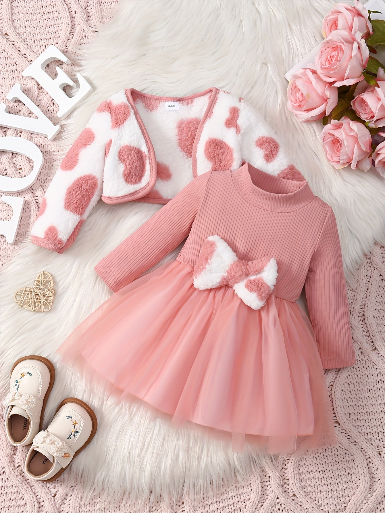 2pc Girls' Pink Striped Bow Mesh Dress & Fleece Jacket Set