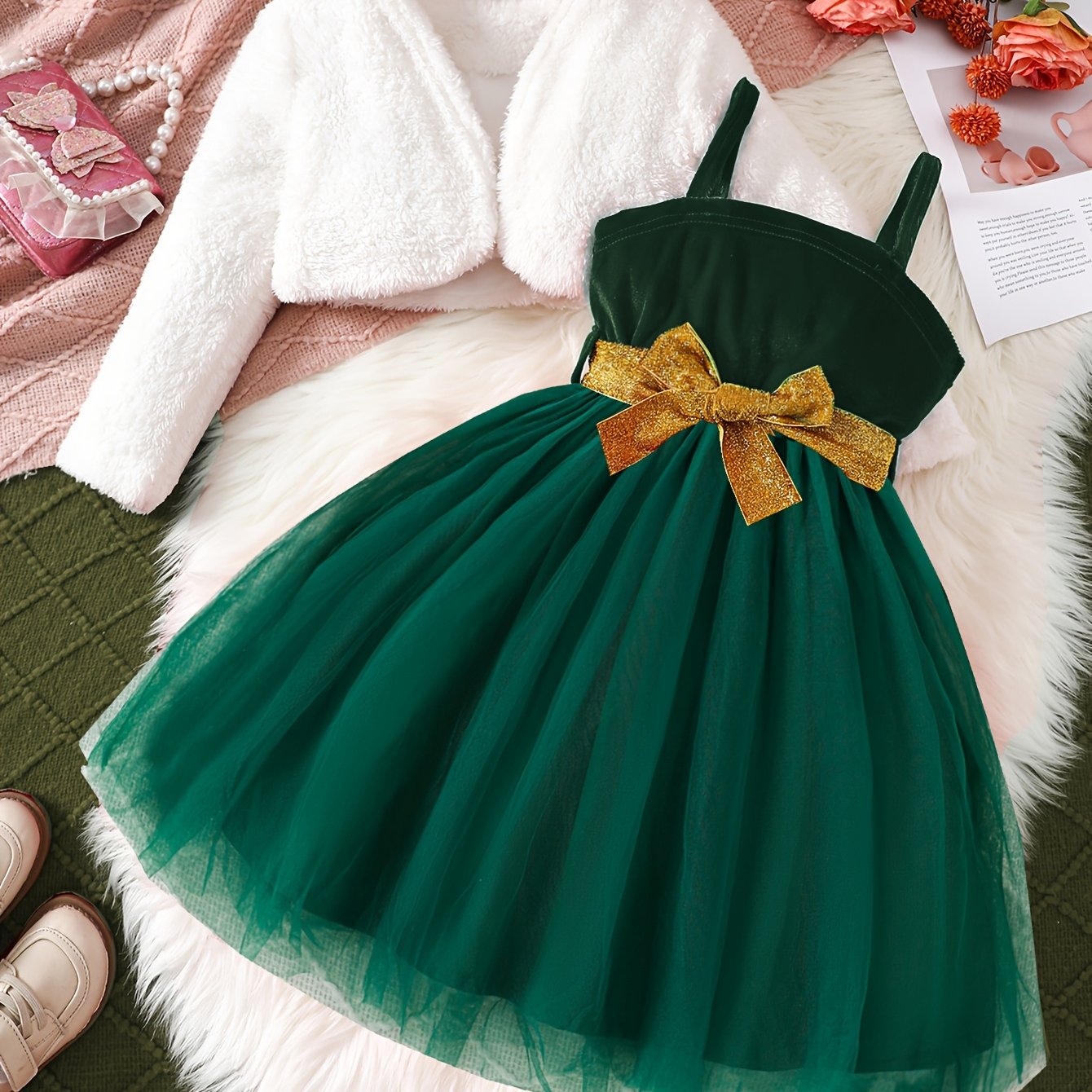 2pc Girls' Furry Coat & Spaghetti Strap Mesh Dress Set