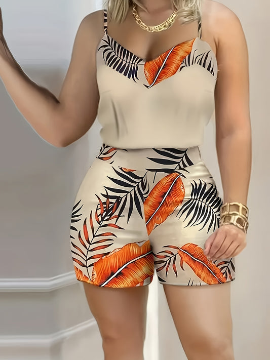 Two-Piece Halter Top & Printed Shorts Set – V-Neck Summer Outfit (LL425)