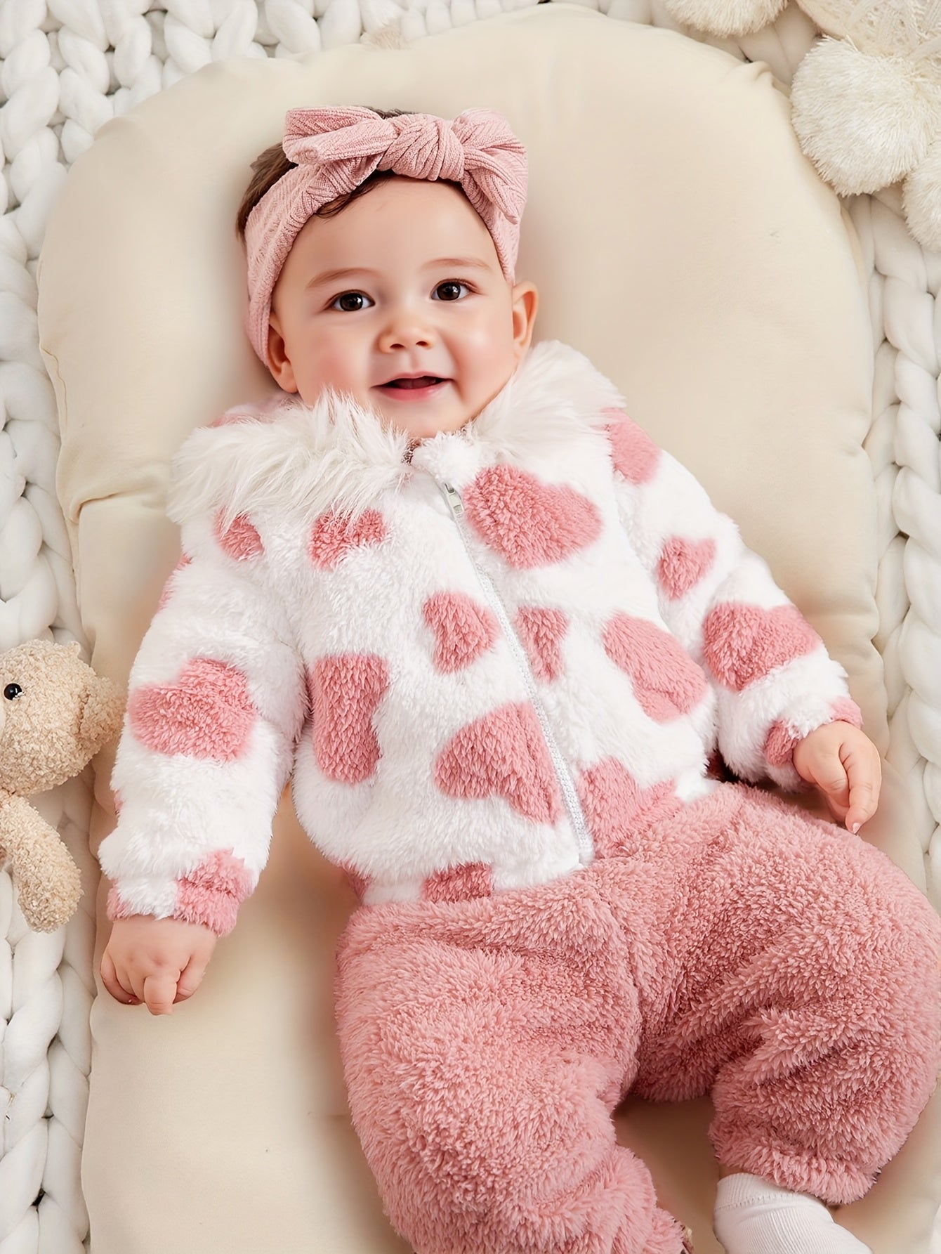 💖 Baby Girl's Warm 2-Piece Winter Set: Plush Heart-Patterned Fleece Hooded Jacket (Fur Zipper Outerwear) & Elastic Waist Warm Pants