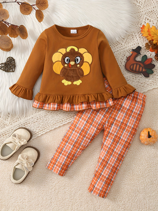 🦃 Baby Girl's 2-Piece Thanksgiving Outfit: Cute Turkey Top and Checkered Pants Set (Perfect for Holiday Wear)