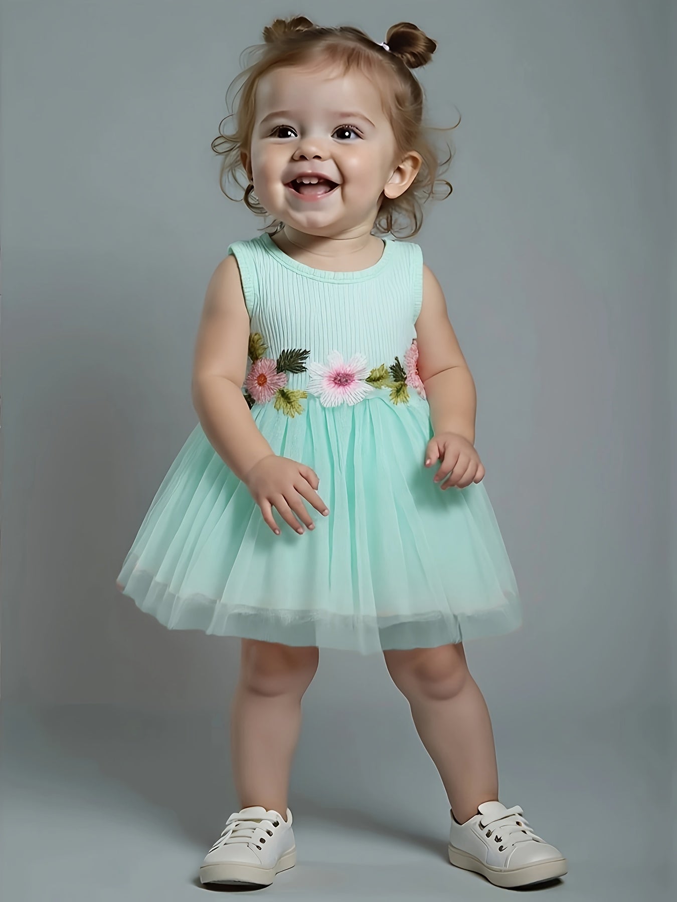 ☀️ Infant & Toddler Girl's Summer Vest Dress: Floral Waist Decor, Round Neck Casual Style