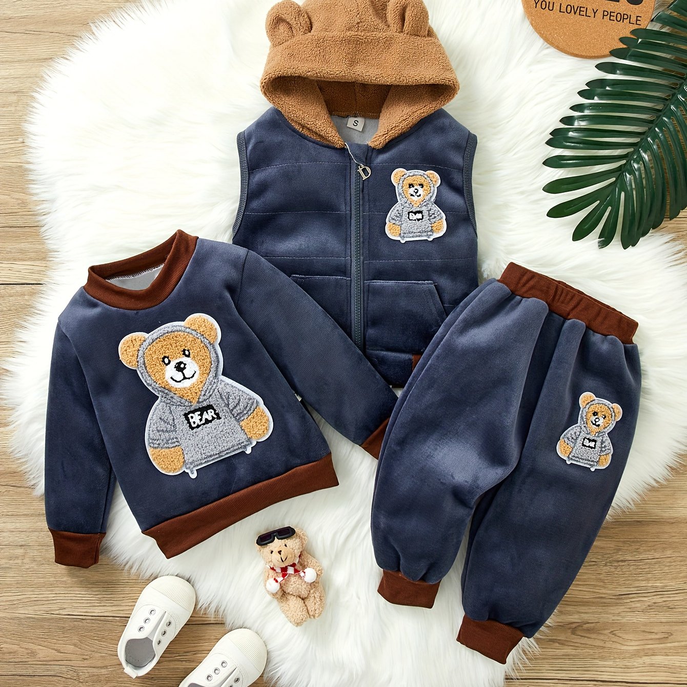 🐻 HIBOBI 3-Piece Toddler Boy's Fleece Sweater Set: Bear Embroidered Padded Hoodie, Long Sleeve Shirt & Pants (Cozy Fall/Winter Outfit)