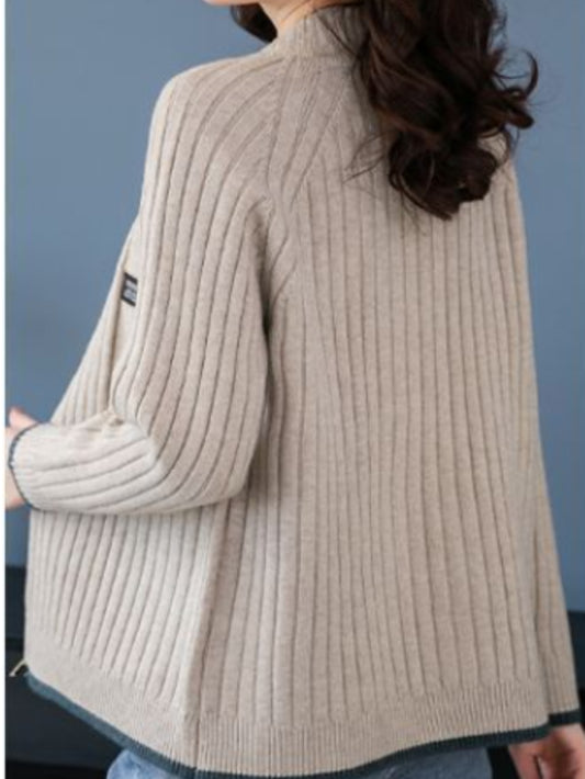 🧶 Women's Light Beige Open-Front Cardigan Sweater with Pockets