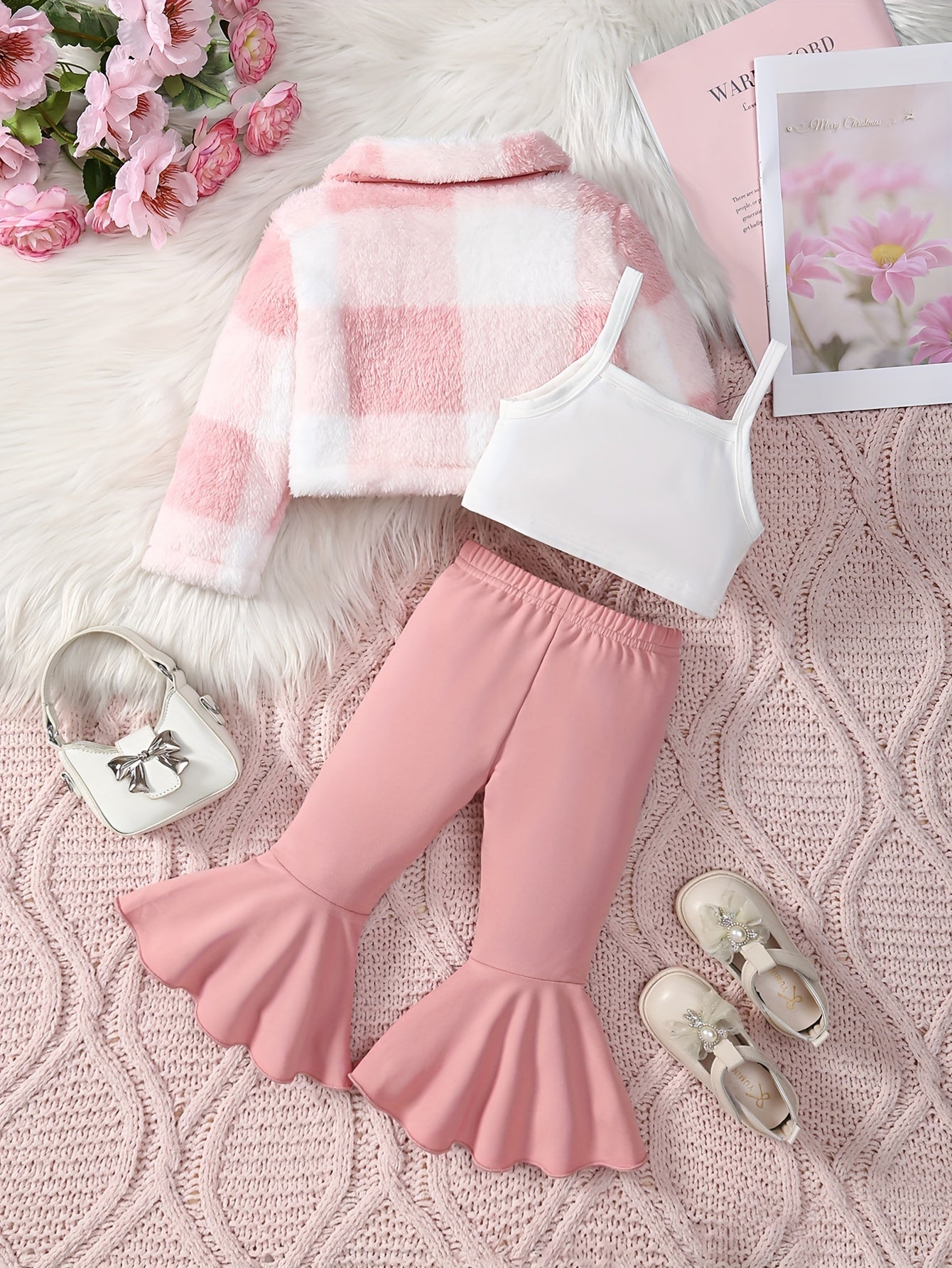 3pc Baby's Fuzzy Plaid Jacket & Bell-Bottom Set