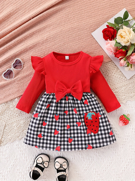 ❤️ Red & Black Gingham Checkered Ruffle Dress for Baby Girls: Long Sleeve, Round Neck, Umbrella Cut (Soft Fabric, Easy Diaper Change) - Perfect Christmas Outfit