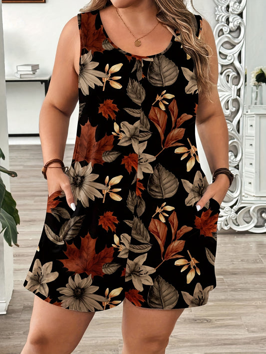 Plus Size, Plus - Size Sleeveless Rompers with Leaf Prints Are Warm - Toned and Eye - Catching. They Are Suitable for Ladies Who Love the Natural Style, Ideal for Autumn Outings or Outdoor Gatherings.
