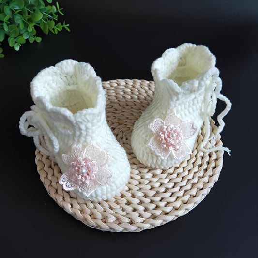 Baby Girl Floral Knitted Lace-Up Booties