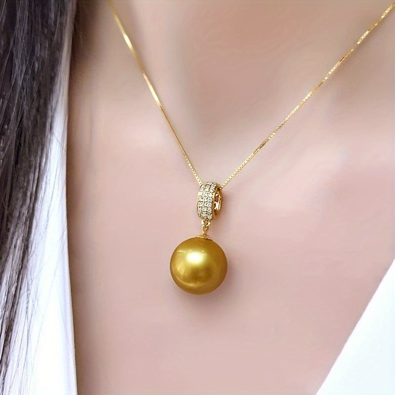 S925 Sterling Silver Gold Plated Necklace with 14mm Saltwater Cultured Golden Pearl Pendant | 18+2 Inch Chain | Women's Fine Jewelry