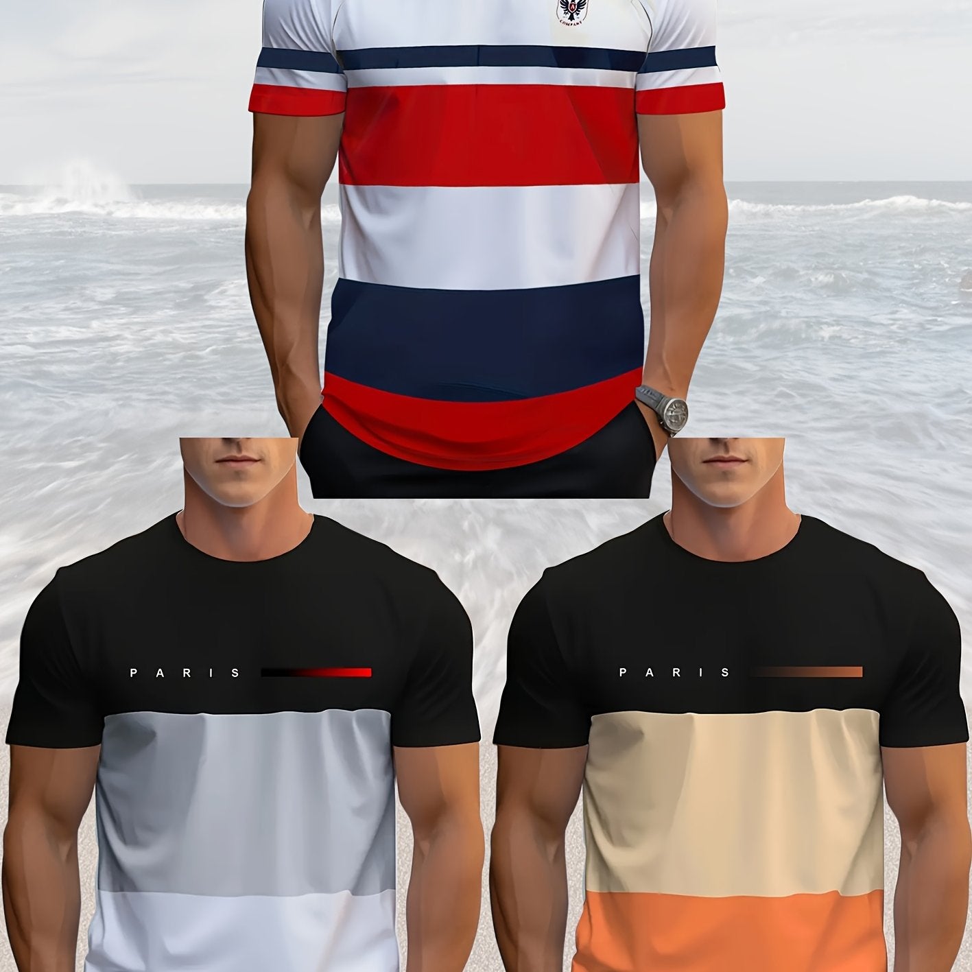 Set of 3 Men'S Stylish Striped Combination T-Shirts